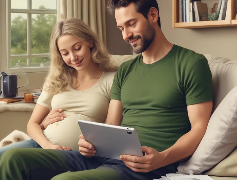 A man reading a detailed manual titled 'Sobrevivência no Puerpério' beside a newborn baby.