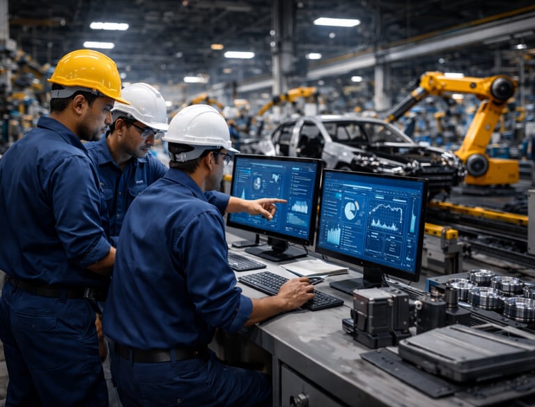 Senior manufacturing leaders reviewing risk elimination plan in factory office