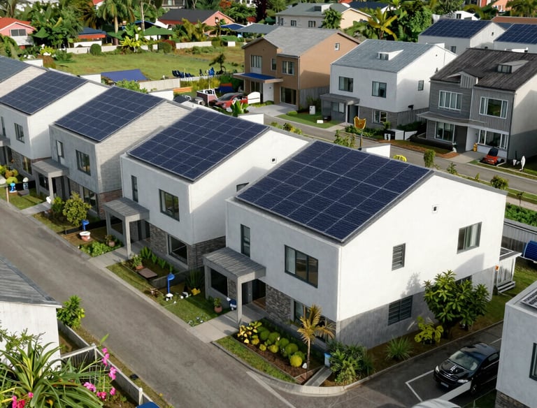 Finished modular homes arranged in a community setting with greenery.