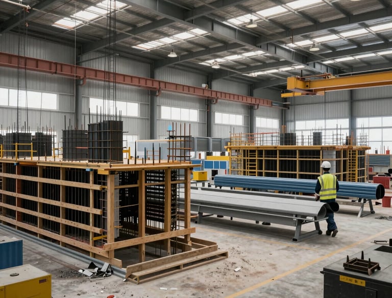 Engineers collaborating over digital blueprints on a tablet in a bright office.