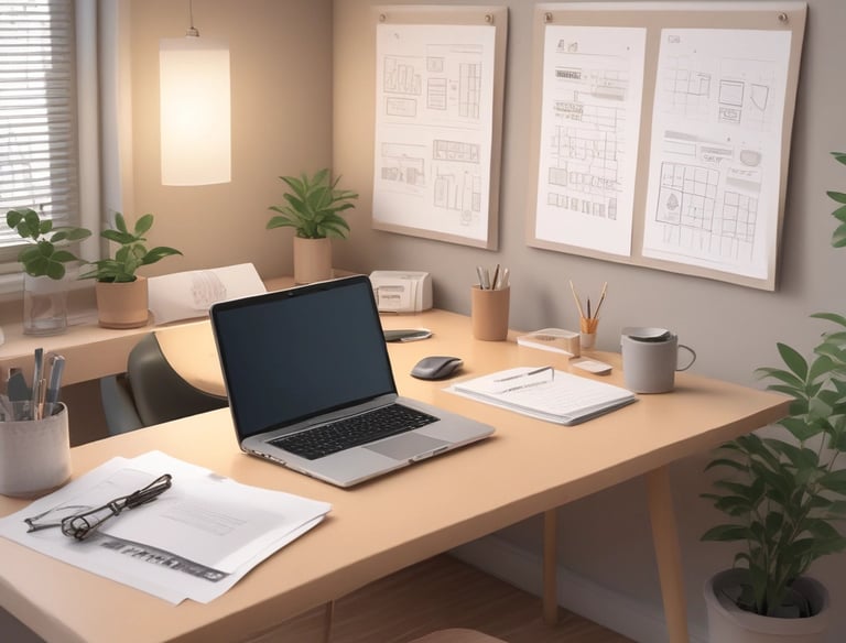 A therapist’s desk with organized notes and a laptop open to a reflective journal.