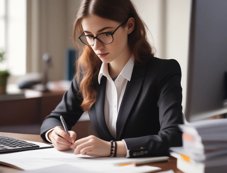 A focused student studying banking exam materials at a desk with a laptop and notes.