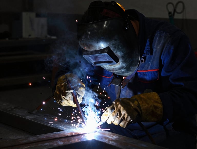 A welder at work, sparks flying as he completes a metal fixture for a home project.