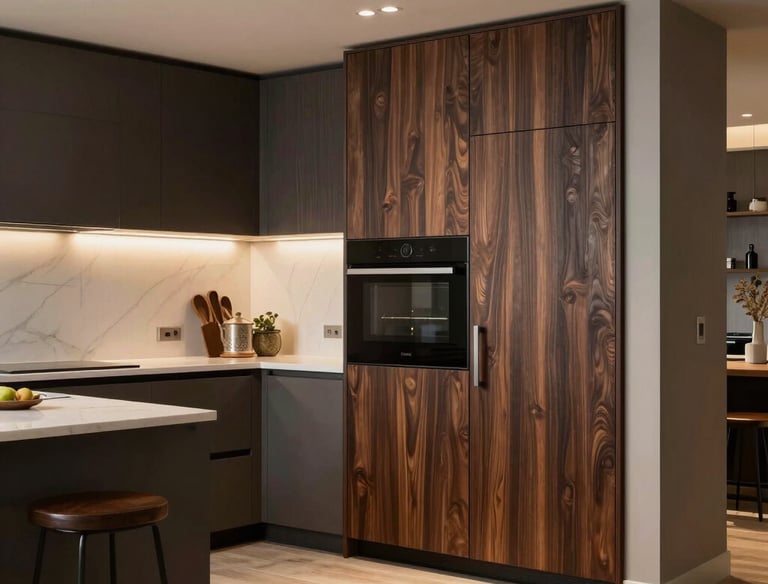 A craftsman carefully installing a custom wooden kitchen in a cozy home setting.