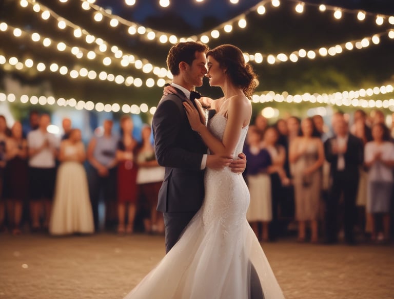 A cinematic shot of a bride walking down a sunlit aisle with soft focus.