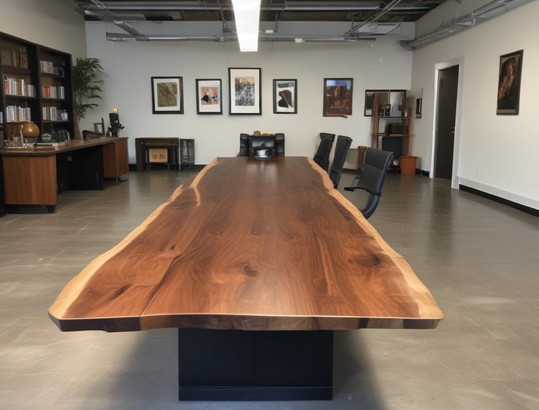 Close-up of a rich walnut live edge dining table with natural wood grain and smooth finish.