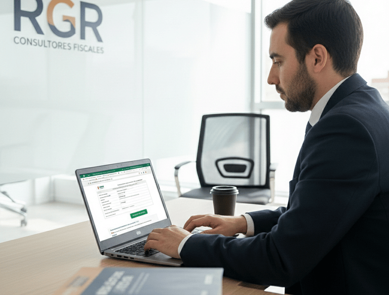 Consultor fiscal de RGR brindando servicios fiscales desde oficina corporativa.