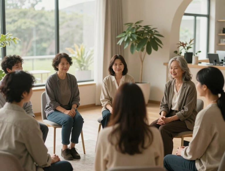 A group therapy session in progress with engaged participants and a supportive counselor.