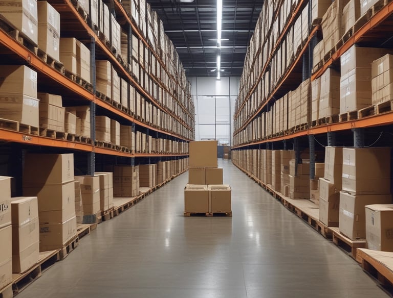 A warehouse is filled with shelves and boxes.