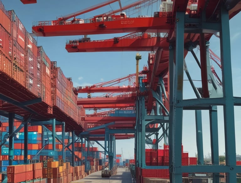 A cargo ship loaded with containers departing a busy port.