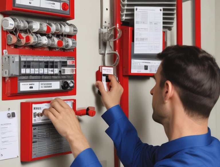 Team inspecting fire detection equipment inside an office space.