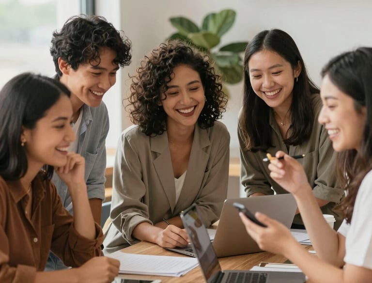 Entrepreneurs collaborating in a bright, modern workspace filled with ideas.