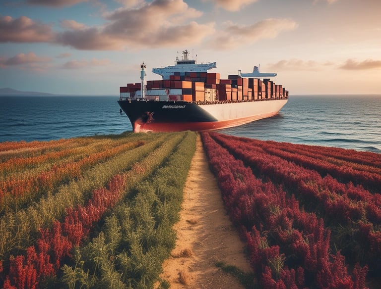 Cargo planes and trucks transporting organic Bolivian products across diverse landscapes.