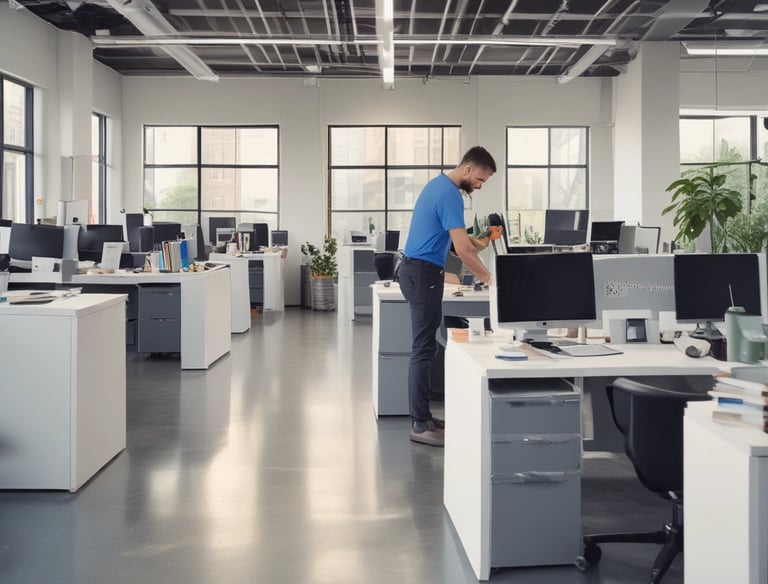 A bright, organized office space with freshly cleaned desks and floors.