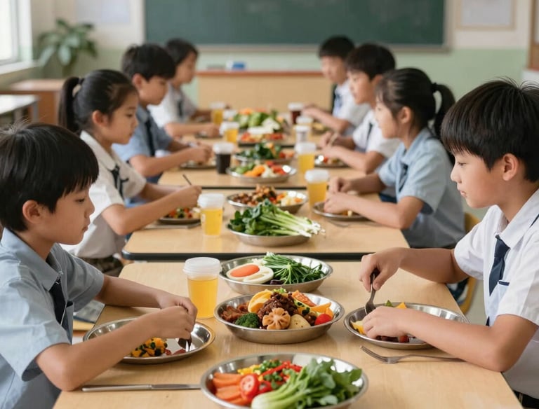 A classroom with untouched school lunches discarded in a bin.