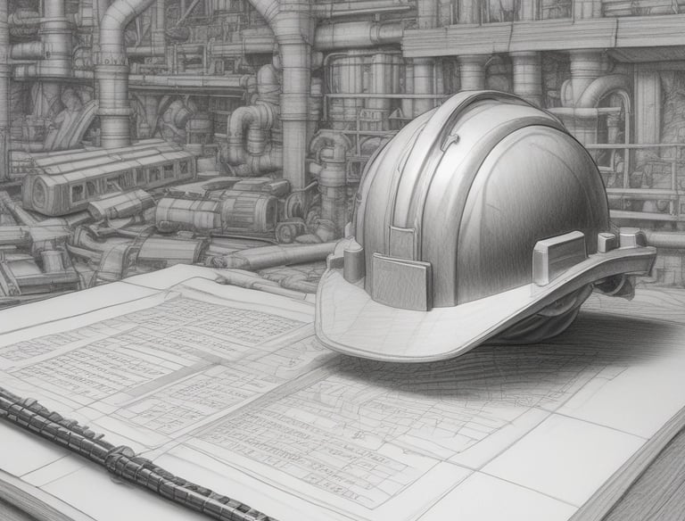 A team coordinating on site with safety gear, reviewing documents together.