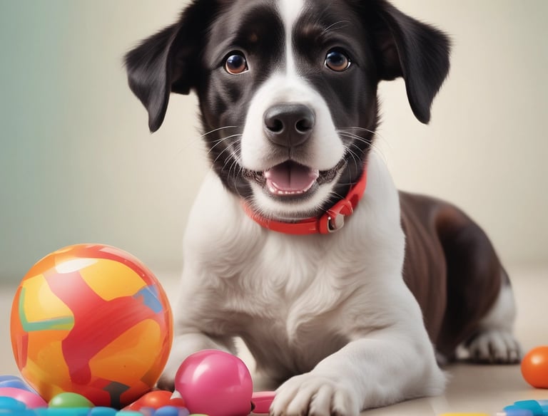 A playful puppy chewing on a colorful toy in a sunny living room.