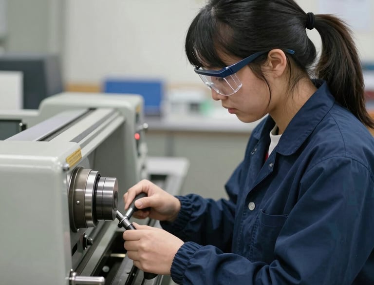 Close-up of a lathe machine in operation with metal shavings flying.
