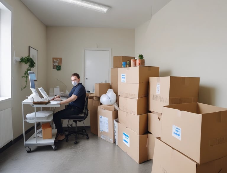 A delivery person handing over a package labeled 'Surgydental' to a dental clinic receptionist.