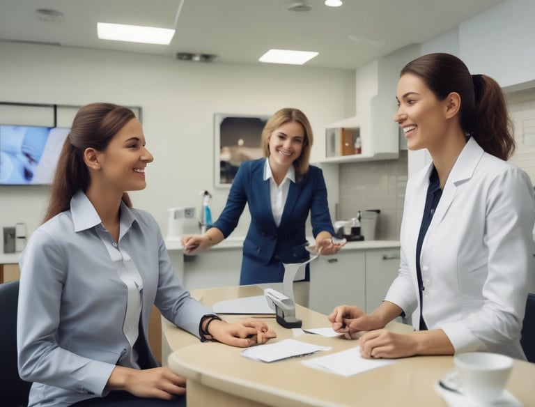Close-up of a dental professional consulting with a client over premium dental supplies.