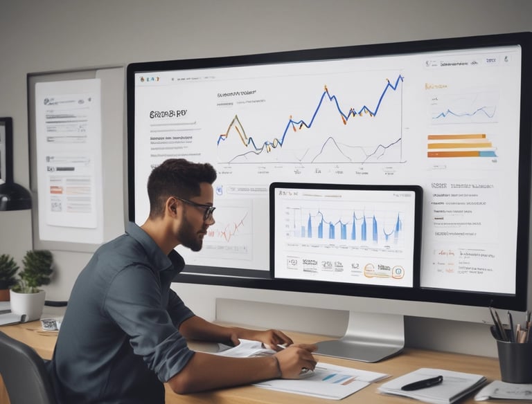 A male data analyst reviews financial charts and business metrics on a large computer monitor.