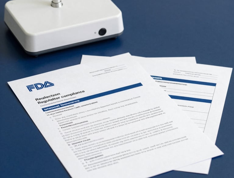 Close-up of a medical device with FDA compliance documents on a desk.