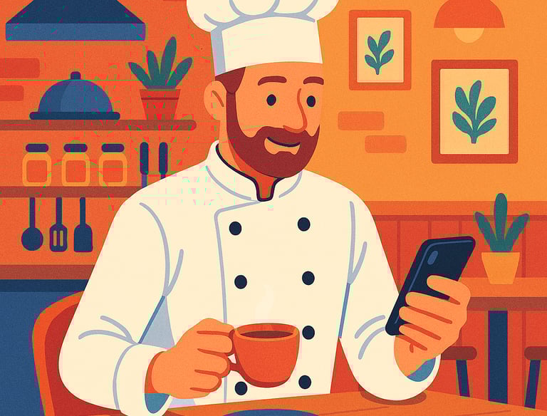 Ilustración en Hostelería, cocinero usando el comparador Dighoreca mientras toma un café