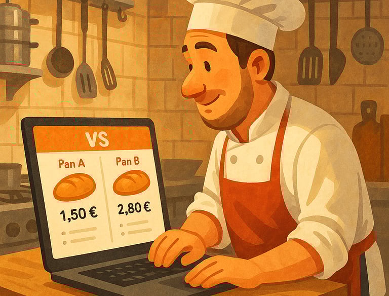 Ilustración en Hostelería, cocinero usando el comparador de Dighoreca para el pan