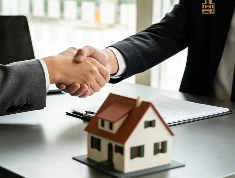 a man and woman shaking hands over a house