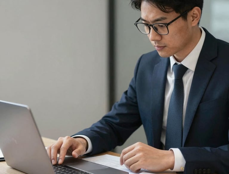 Professional accountant working on tax documents with a calculator and laptop in a navy blue and gold-themed office.