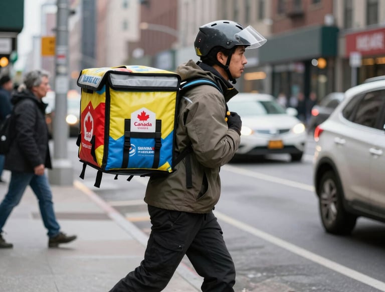 Professional delivery staff handing over meals to an office receptionist with a smile.
