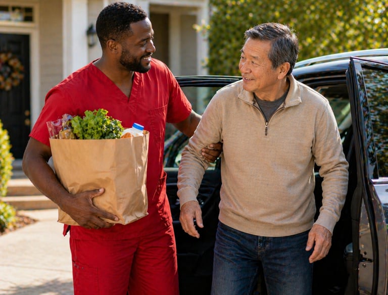 Caregiver in red scrubs helping senior with groceries from car, supporting errands, transportation, and daily needs