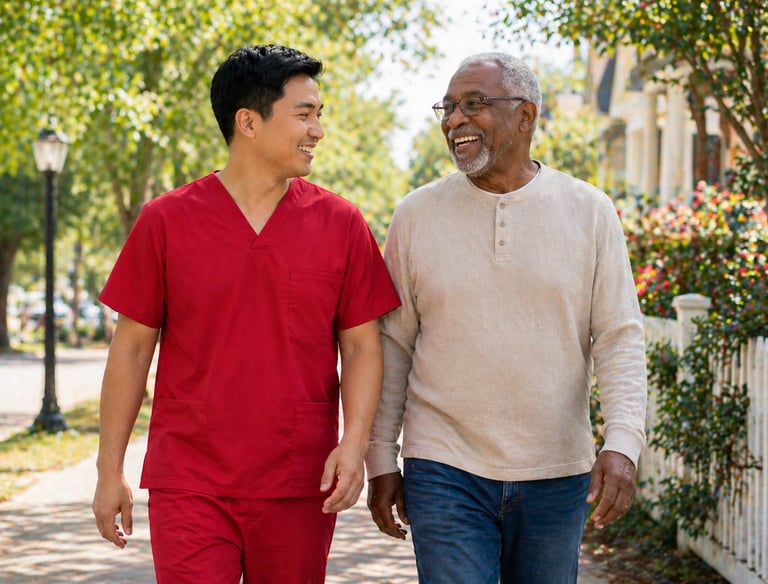 Caregiver in red scrubs walking with senior outdoors, sharing conversation, companionship, and connection in a calm setting