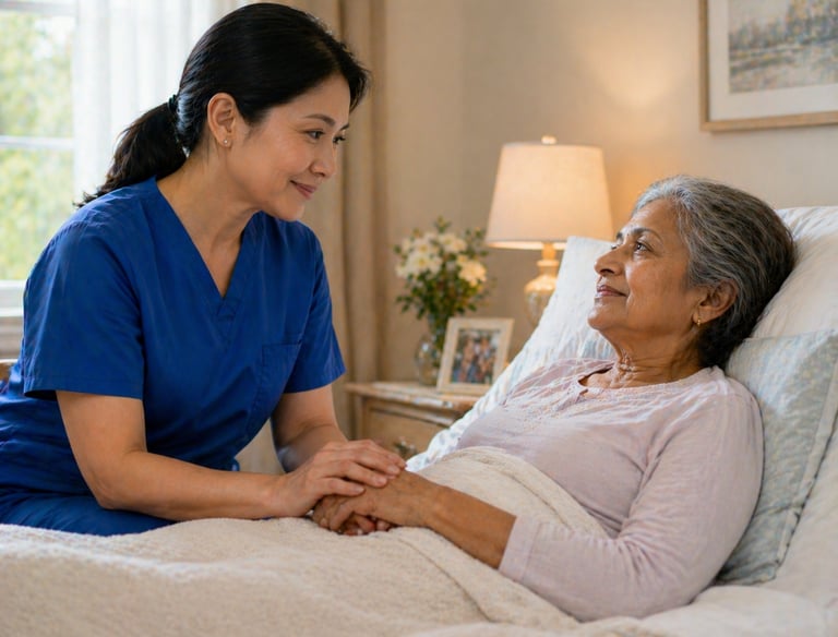 caregiver holding hand of senior woman in bed, providing hospice care focused on comfort, dignity, and peace