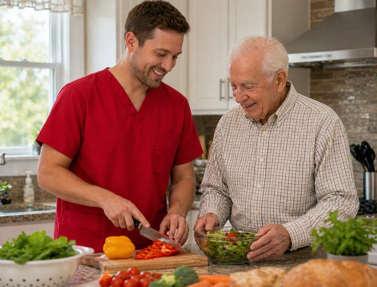 Caregiver in red scrubs helping senior prepare a meal in kitchen, supporting daily routines and a comfortable home