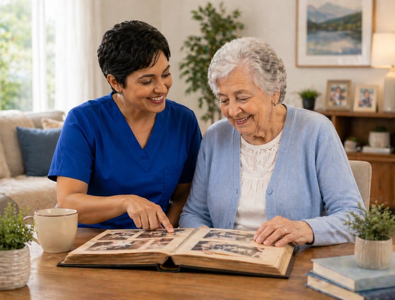 Memory care caregiver and senior woman looking through photo album