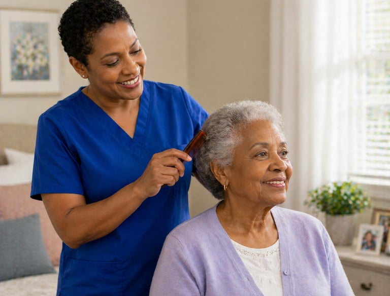 Caregiver in blue scrubs gently brushing senior woman's hair, providing personal care support with dignity and comfort