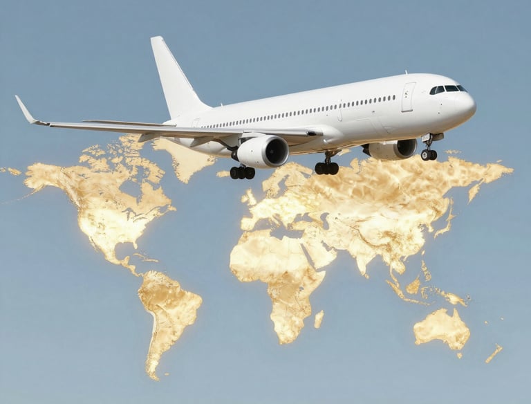 A sleek airplane soaring above African landscapes at sunset.