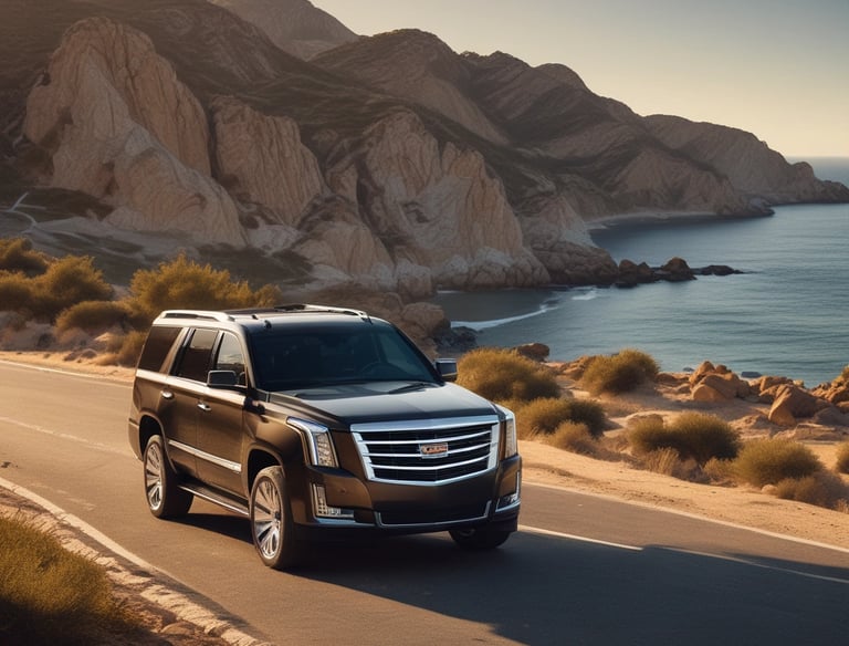 A sleek black Cadillac parked on a sunny Spanish street.