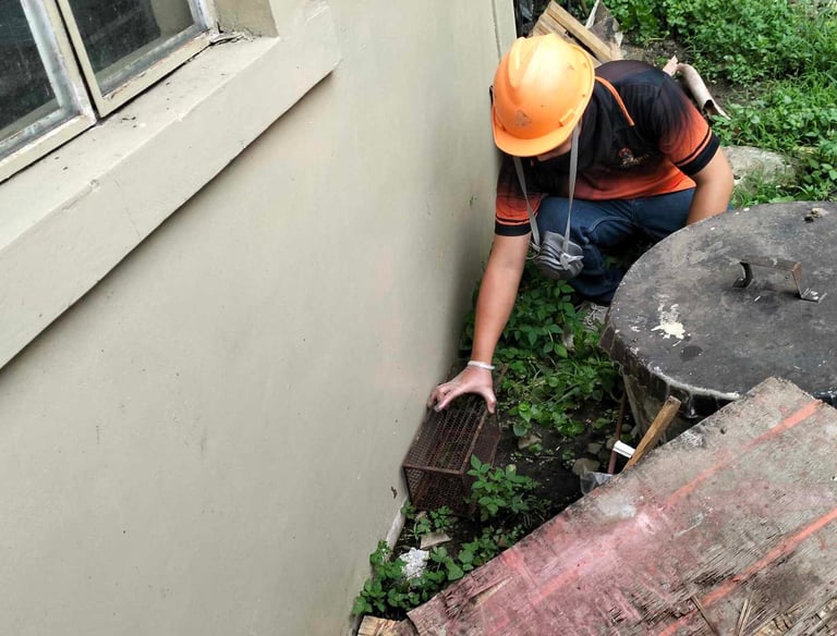 Rodent control technician setting a rat trap outside a property in Negros Occidental