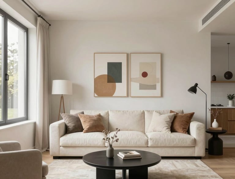 Bright and cozy living room renovation showcasing modern finishes and warm wood accents.