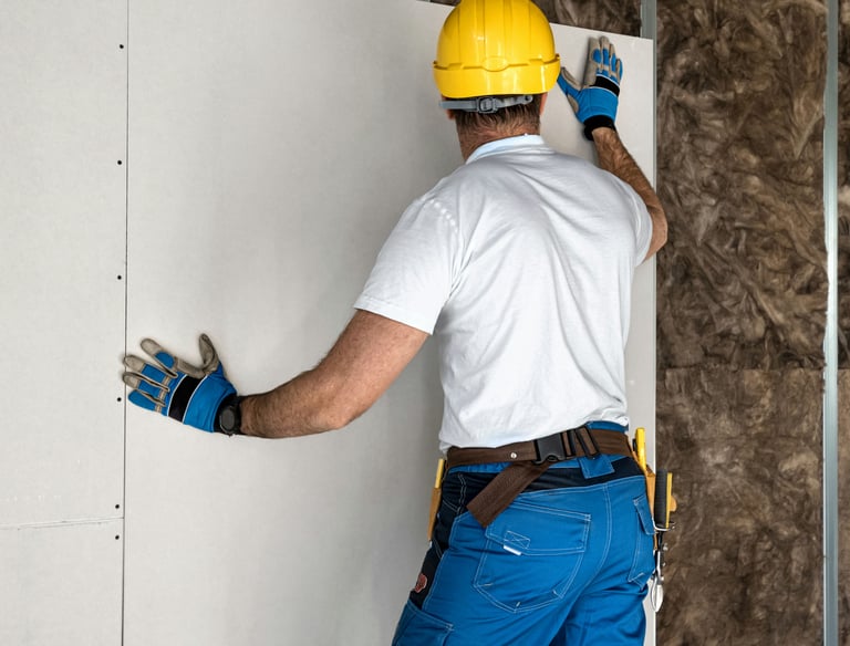 A construction worker installs a drywall sheet over mineral wool insulation on a stud wall.