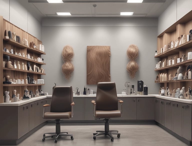 A smiling client admiring her new hair extensions in a well-lit studio mirror.