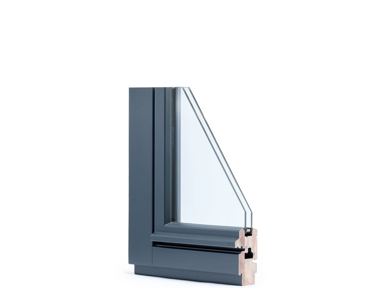 Cross-section of an energy-efficient double-glazed window with a dark grey aluminum frame and wood core.