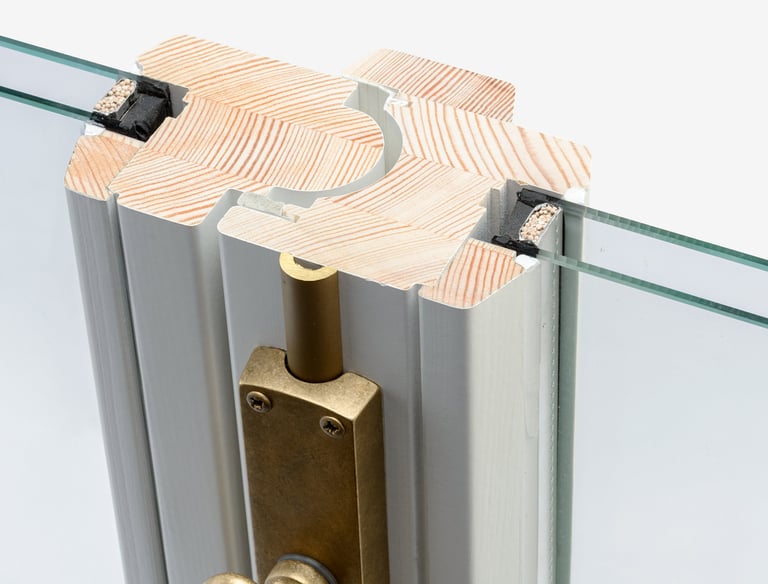 Cross-section of a double-glazed timber window frame with brass hardware and thermal insulation.