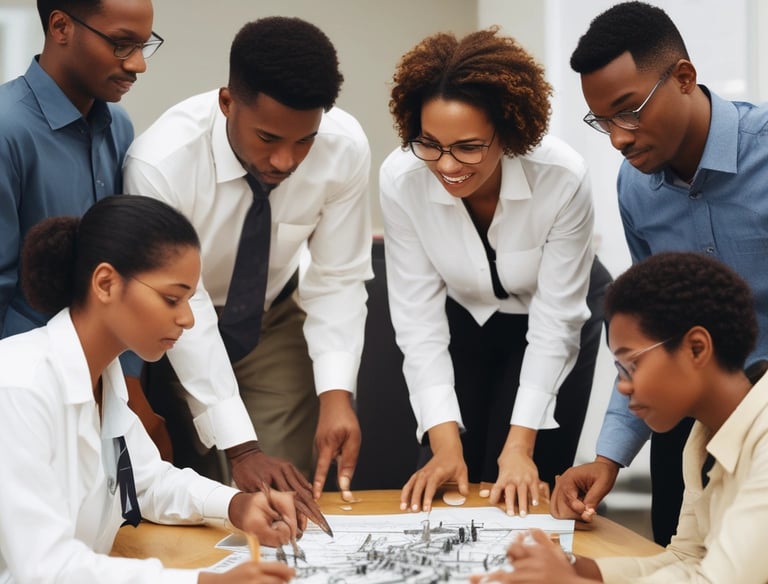 A small business team collaborating enthusiastically in a bright office setting.