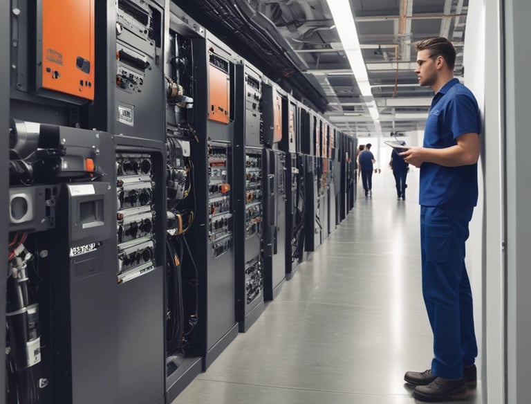 A secure server room glowing with blue LED lights.