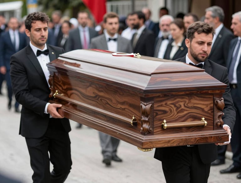 An airport scene showing a dignified transfer of a coffin for international funeral transport.