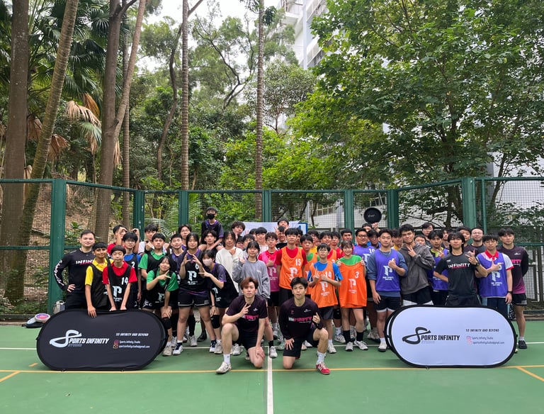 A diverse youth dodgeball team posing together for a group photo on an outdoor court with sports gear.