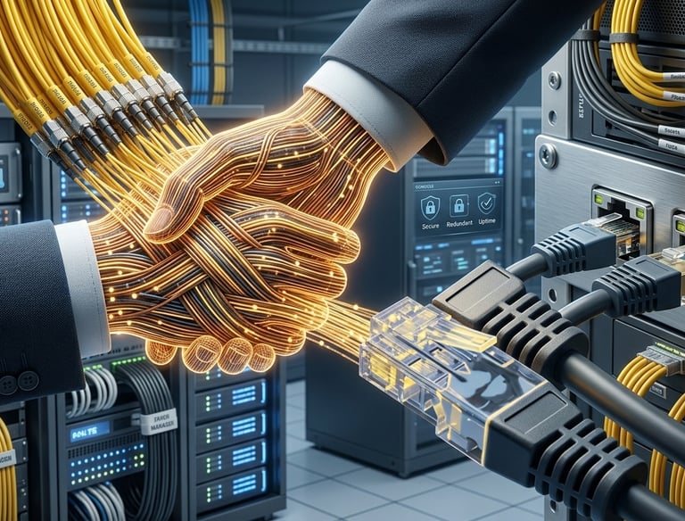 Digital handshake made of fiber optic cables in a data center representing AI network connectivity.